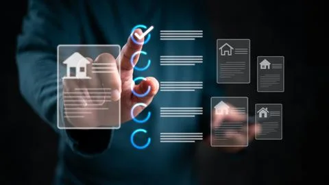 Hand selecting a property from a digital interface. Modern real estate tech.. Stock Photos