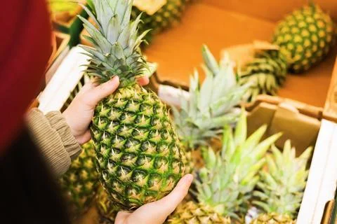 A hand selects a fresh, spiky pineapple from a wooden crate display in the .. Stock Photos
