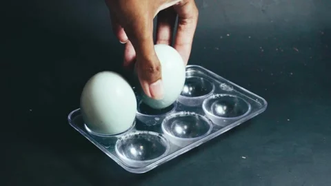Hand selects pale eggs from clear plastic tray Stock Footage 340900783