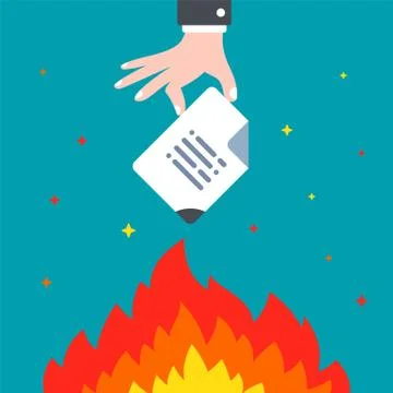 Hand sets fire to an important document. destroy information forever. Stock Illustration