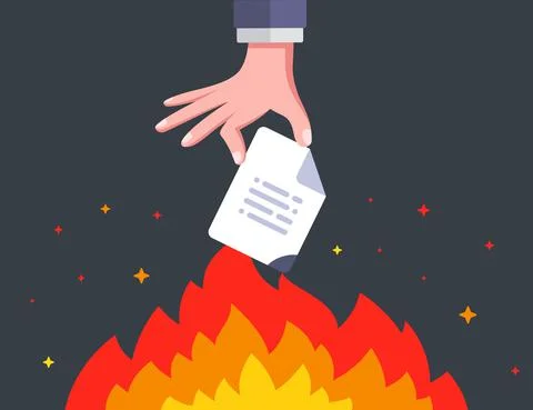 Hand sets fire to an important document. destroy information forever. Stock Illustration
