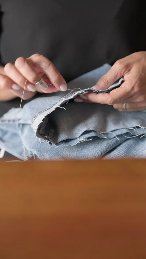 Hand sewing denim jeans hem with thimble scissors pins vertical- Rec709 Stock Footage 340530152