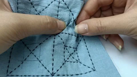 Hand sewing geometric sashiko pattern Stock Photos