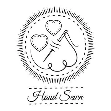 Hand sewn patchwork, handmade sewing stitch, tailor needle with thread line icon Stock Illustration