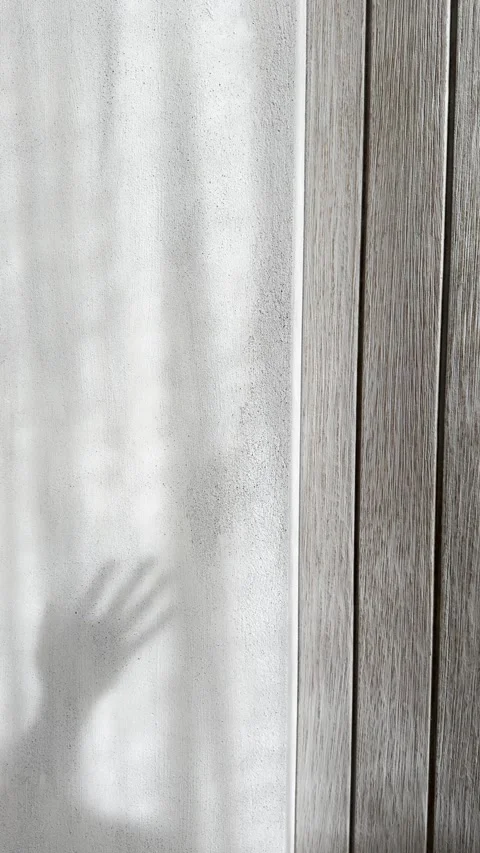 Hand Shadow Waving on Concrete Wall with Wooden Panels Vertical Stock Footage 339433871
