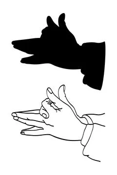 Hand shadow of a wolf, shadowgraphy created by certain finger positions Stock Illustration