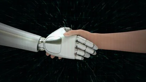 Hand shake between hand and robot in digital world scene. Stock Illustration