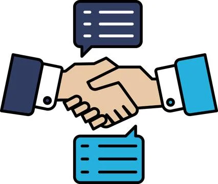 A hand shake between two people with a speech bubble in the middle Stock Illustration