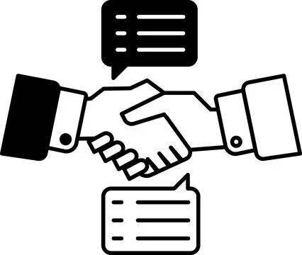 Hand shake between two people with a speech bubble in the middle Stock Illustration