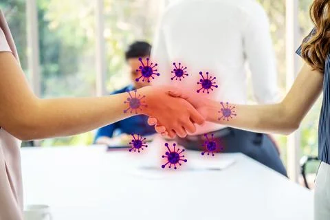 Hand shake warning, Coronavirus or COVID-19 attack concept, the most transm.. Stock Photos