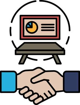 A hand shaking another hand in front of a table with a picture of a pie cha.. Stock Illustration
