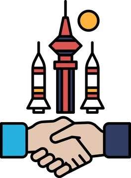 A hand shaking another hand in front of a building with rockets Ilustración de archivo