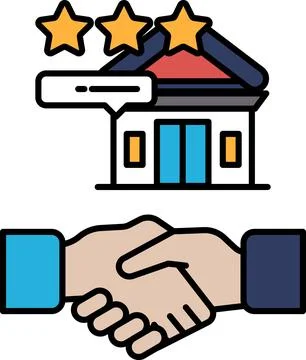A hand shaking a building with three stars on it Ilustración de archivo