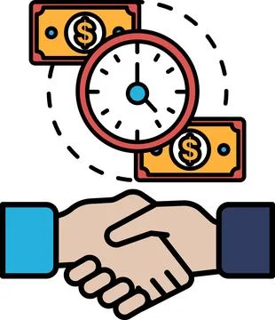 A hand shaking a hand with a clock in the background Stock Illustration