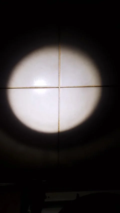 Hand Shining Flashlight Beam on Tiled Surface in Darkness Stock Footage 325224026