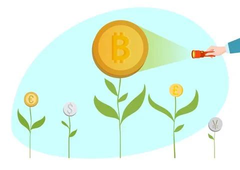 Hand shining flashlight on Bitcoin growing on plant among other currency symbols Ilustración de archivo