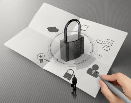 Hand show cloud network diagram with padlock on crumpled paper as internet se Иллюстрация
