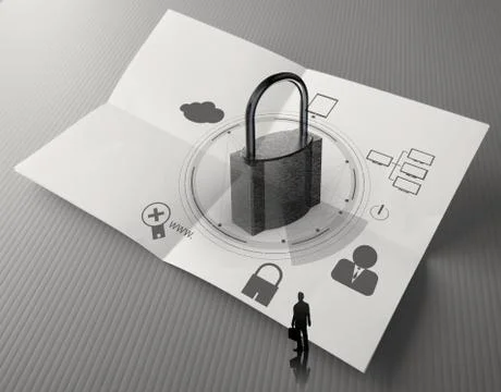 Hand show cloud network diagram with padlock on crumpled paper as internet se Illustration