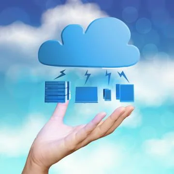 Hand showing 3d cloud computing diagram icon on blue sky background as concep Illustrazione stock