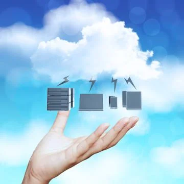 Hand showing 3d cloud computing diagram icon on blue sky background as concep Stock Illustration
