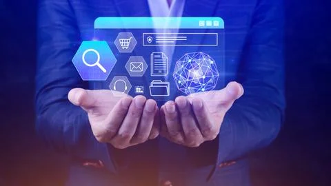 Hand showing of data search box information icon with Digital marketing int.. Stock Photos