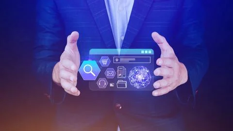 Hand showing of data search box information icon with Digital marketing int.. Stock Photos