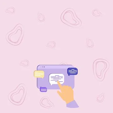 Hand Showing Graph Growth Pointing Web Browser Screen With Chat Bubbles Illustrazione stock