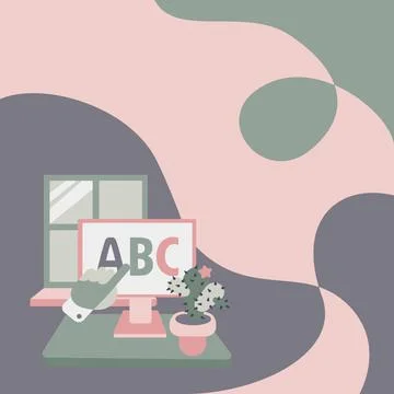 Hand Showing Letters Pointing Web Browser Screen With Cactus On Side. Notebook Stock Illustration