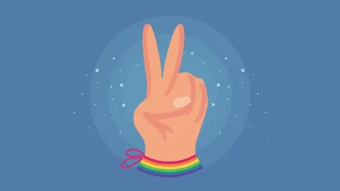 Hand showing peace gesture with rainbow bracelet in motion on blue backgrou.. Vídeos de archivo 333307121