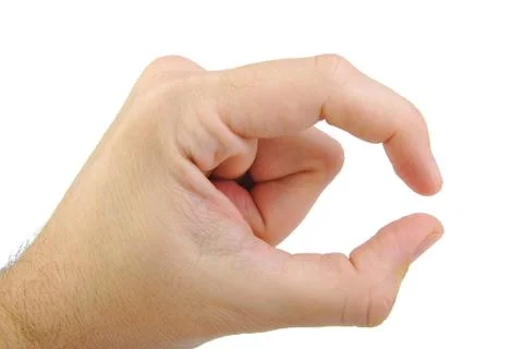 Hand showing a tiny size sign isolated on white background. Hand gesture Foto stock