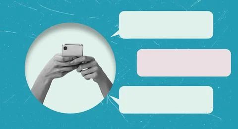A hand is shown holding a phone while surrounded by empty text boxes. This ar Stock Photos