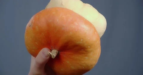 The hand shows a decorative pumpkin in the form of a mushroom. Stockbeeldmateriaal 169493328