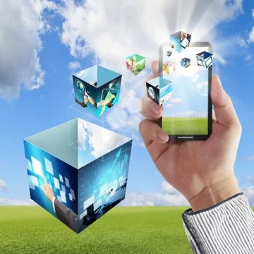 Hand shows touch screen mobile phone with streaming images Stock Illustration