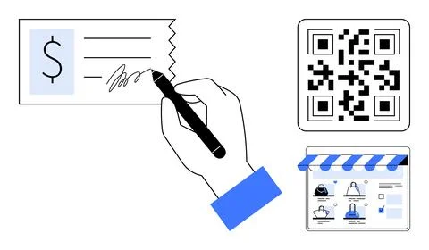 Hand Signing Check with QR Code and Online Shopping Store Elements Concept Stock Illustration