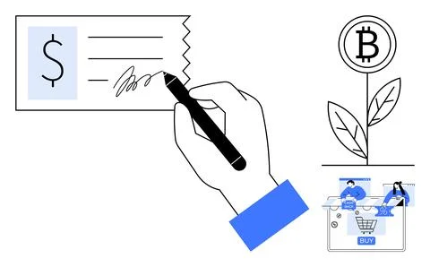 Hand signing cheque, Bitcoin plant growing, and online shopping cart intera.. Stock Illustration