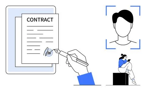 Hand signing a contract on a digital tablet, biometric face recognition, pers Stock Illustration