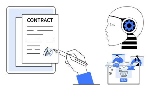 Hand signing a digital contract, robotic head with gear, and online shopping  Illustrazione stock