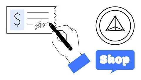 Hand Signing a Document with Shop Button and Triangle Symbol Stock Illustration