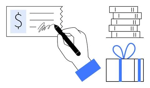Hand signing a payment document, next to stacks of coins and a wrapped gift b Stock Illustration