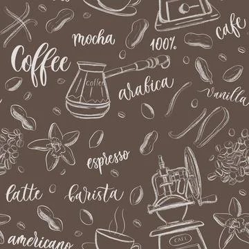 Hand sketch drawing coffee elements background, seamless pattern. Illustrazione stock