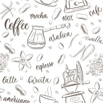 Hand sketch drawing coffee elements background, seamless pattern. Stockillustratie
