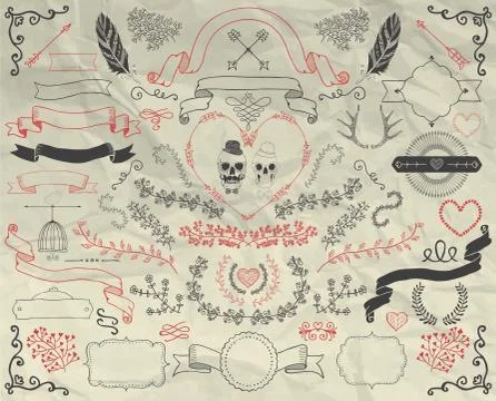 Hand Sketche Doodle Design Elements on Crumpled Paper 库存插图