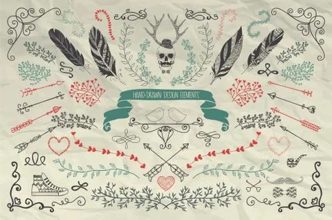 Hand Sketche Doodle Design Elements on Crumpled Paper 库存插图