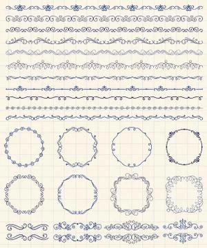 Hand Sketched Borders and Frames, Dividers, Swirls Stock Illustration