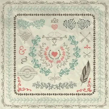 Hand Sketched Borders, Design Elements on Crumpled Paper Stock Illustration