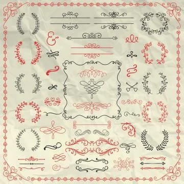 Hand Sketched Doodle Design Elements on Crumpled Paper Stock Illustration