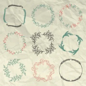 Hand Sketched Floral Frames, Borders on Crumpled Paper Stock Illustration