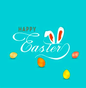 Hand sketched Happy Easter text with bunny ears and colored eggs Stock Illustration