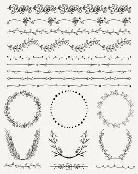 Hand Sketched Seamless Borders, Frames, Dividers, Branches Stock Illustration