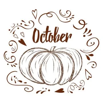 Hand-sketched typographic element with pumpkin, hearts, pumpkin and text on w Stock Illustration